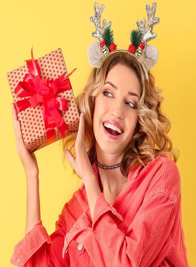 SARATA Christmas Headbands for Women Glitter Powder Bell Hair Hoop Elk Hair Band Reindeer Antlers Headband Women Girls Hair Access Headdress for Party 1PCS (Golden) - Image 5