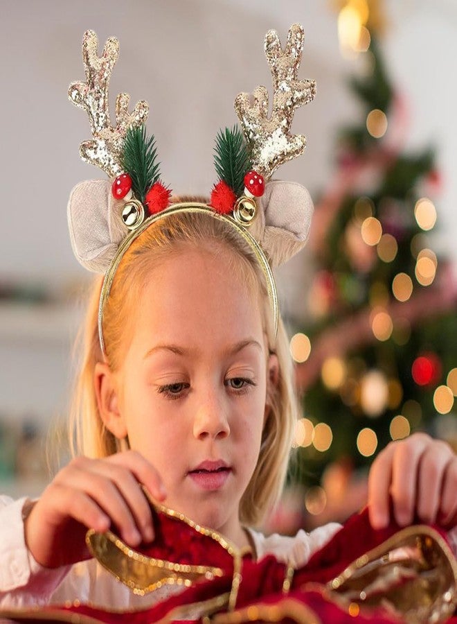 SARATA Christmas Headbands for Women Glitter Powder Bell Hair Hoop Elk Hair Band Reindeer Antlers Headband Women Girls Hair Access Headdress for Party 1PCS (Golden) - Image 4