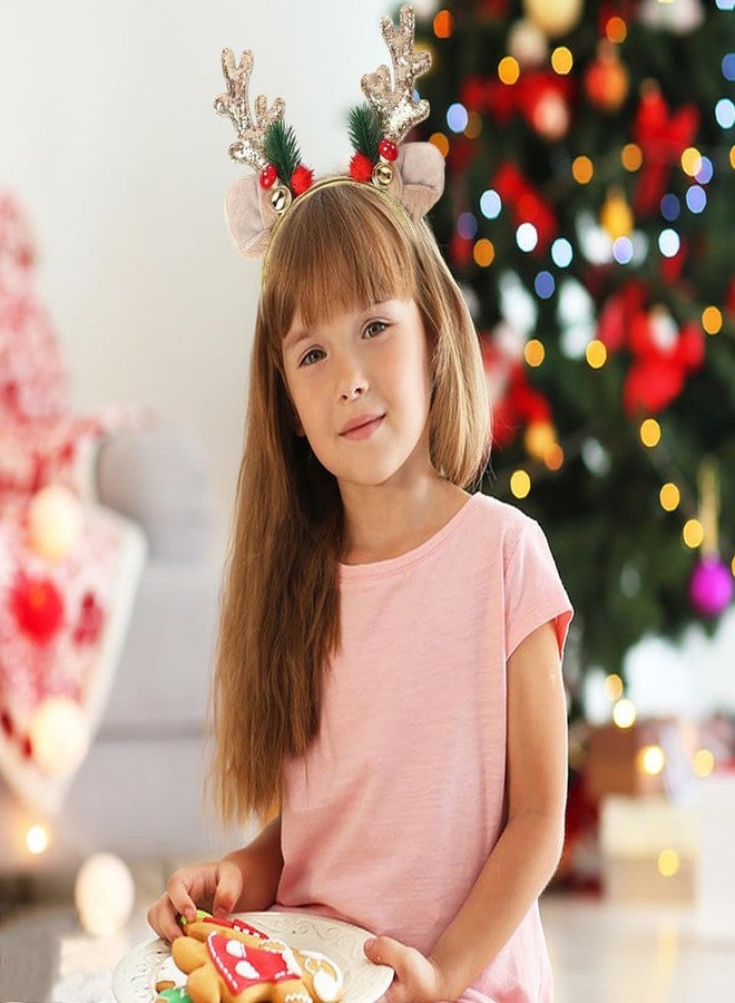 SARATA Christmas Headbands for Women Glitter Powder Bell Hair Hoop Elk Hair Band Reindeer Antlers Headband Women Girls Hair Access Headdress for Party 1PCS (Golden) - Image 3