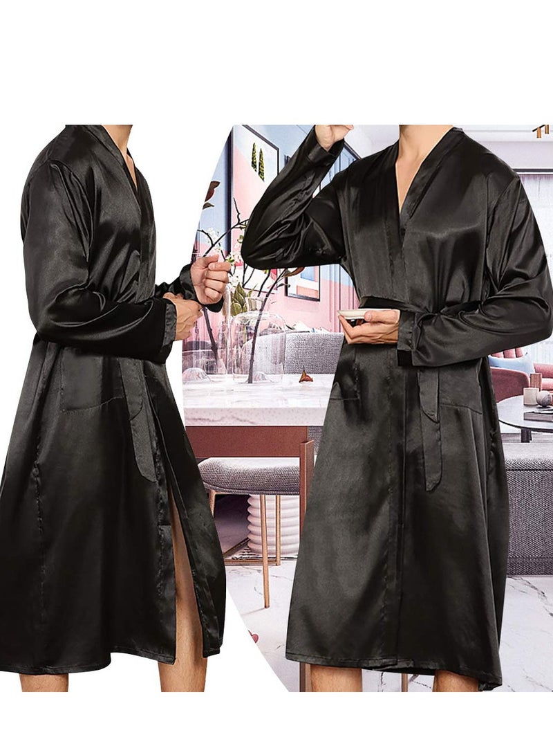 MARGOUN Men's Dressing Gown Kimono Robe Lightweight Silk Long Sleeved Home Sleepwear Loungewear Black Small (Length 44''/Chest 22'') - Image 4