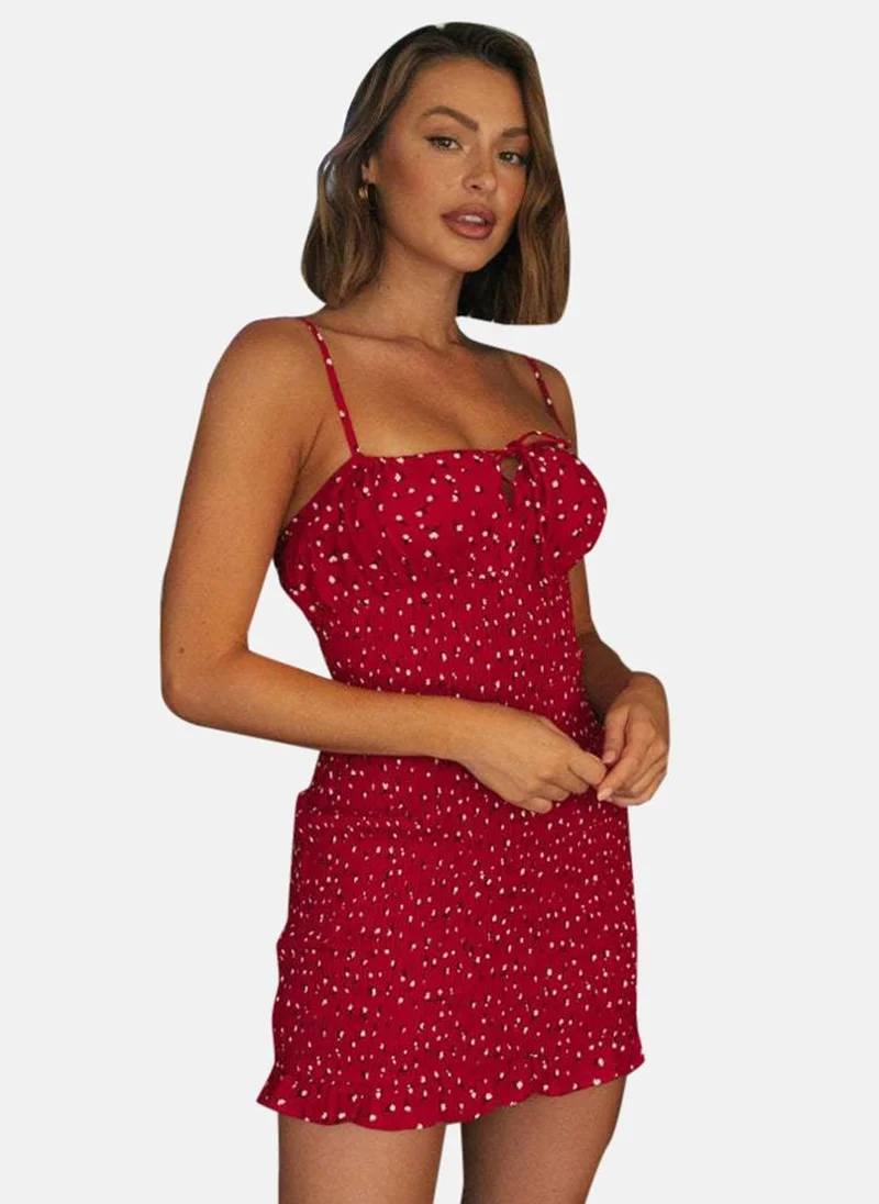 يونيكي Red Tie-up Floral Print Bodycon Dress
