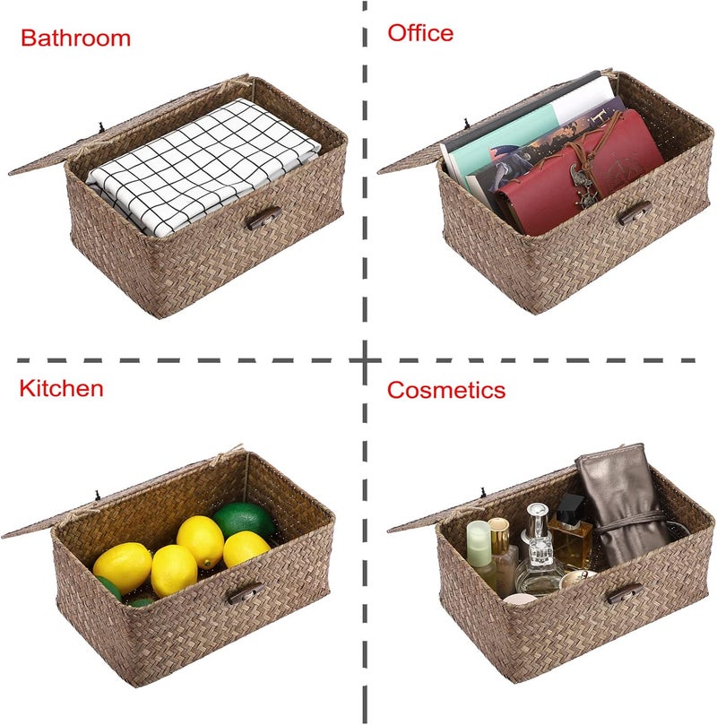 Hipiwe Wicker Shelf Baskets Bin with Lid, Handwoven Seagrass Basket Storage Bins Rectangular Household Basket Boxes for Shelf Wardrobe Home Organizer, Coffee Small - Image 4
