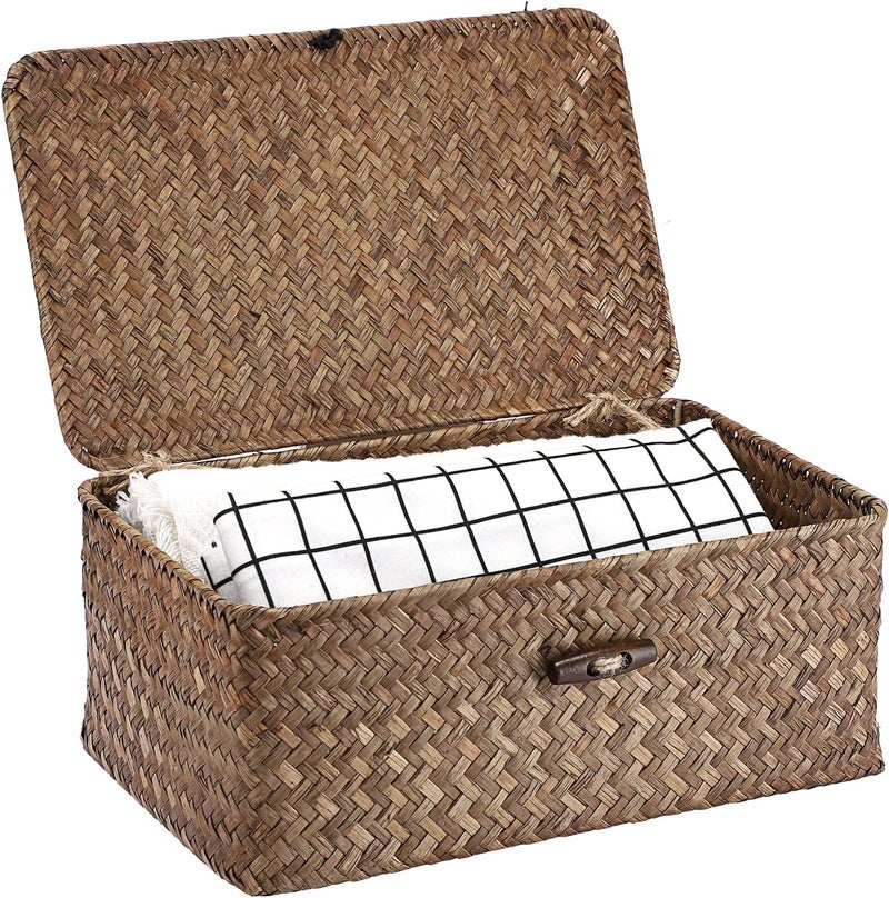 Hipiwe Wicker Shelf Baskets Bin with Lid, Handwoven Seagrass Basket Storage Bins Rectangular Household Basket Boxes for Shelf Wardrobe Home Organizer, Coffee Small - Image 1