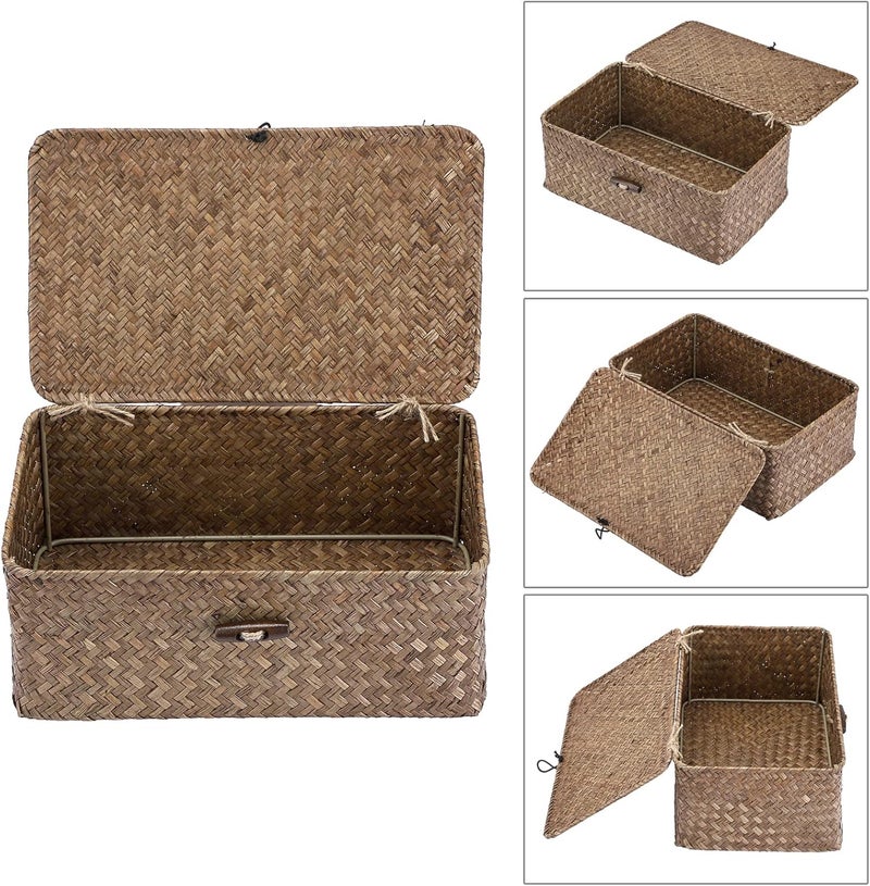 Hipiwe Wicker Shelf Baskets Bin with Lid, Handwoven Seagrass Basket Storage Bins Rectangular Household Basket Boxes for Shelf Wardrobe Home Organizer, Coffee Small - Image 3