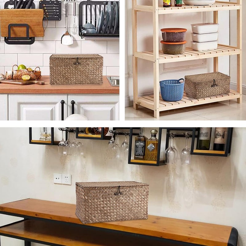 Hipiwe Wicker Shelf Baskets Bin with Lid, Handwoven Seagrass Basket Storage Bins Rectangular Household Basket Boxes for Shelf Wardrobe Home Organizer, Coffee Small - Image 2