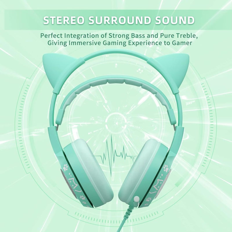 Somic G951S Green Gaming Headset with Microphone for PS4, PS5, Xbox One, PC, Cat Ear Headphones Over Ear with in-Line Mic Control, Stereo Sound for Girls, Woman - Image 3