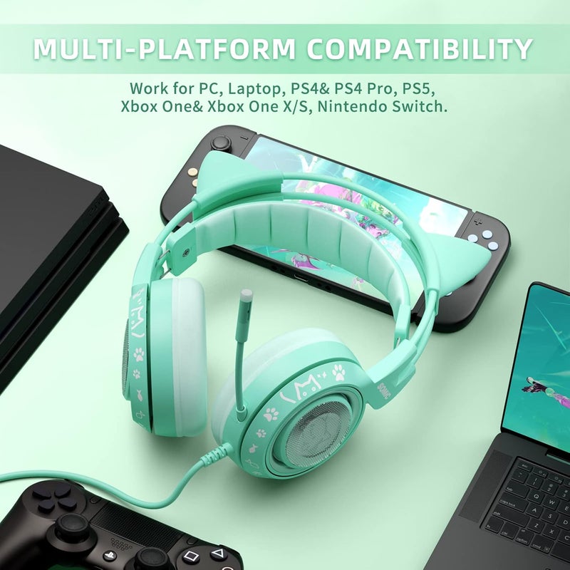 Somic G951S Green Gaming Headset with Microphone for PS4, PS5, Xbox One, PC, Cat Ear Headphones Over Ear with in-Line Mic Control, Stereo Sound for Girls, Woman - Image 2