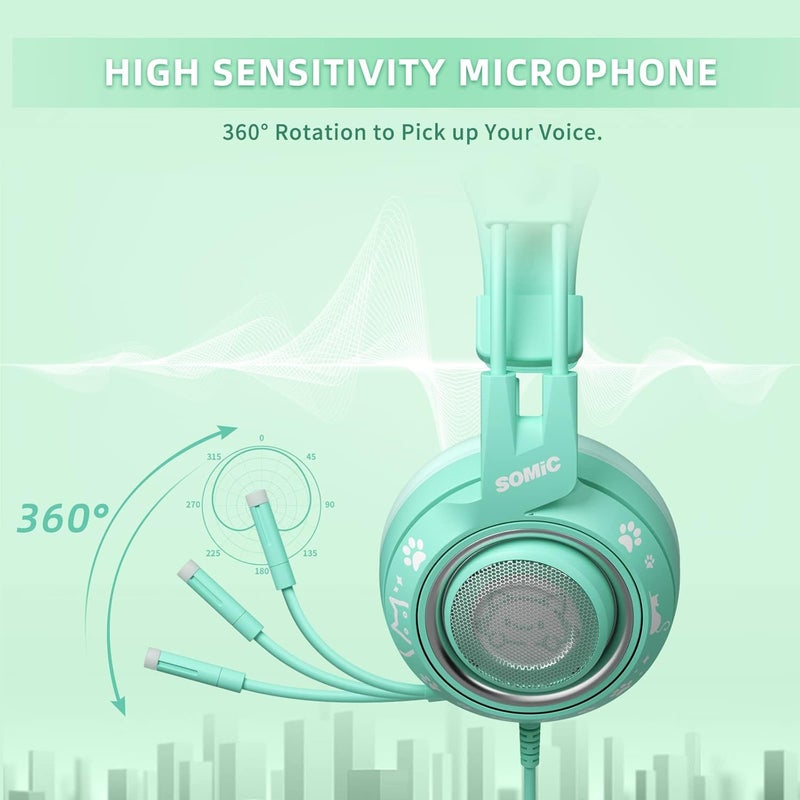 Somic G951S Green Gaming Headset with Microphone for PS4, PS5, Xbox One, PC, Cat Ear Headphones Over Ear with in-Line Mic Control, Stereo Sound for Girls, Woman - Image 4