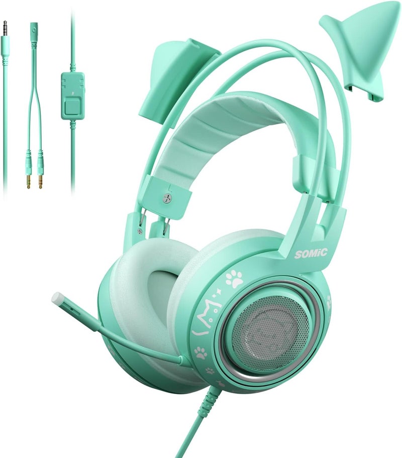 Somic G951S Green Gaming Headset with Microphone for PS4, PS5, Xbox One, PC, Cat Ear Headphones Over Ear with in-Line Mic Control, Stereo Sound for Girls, Woman - Image 1