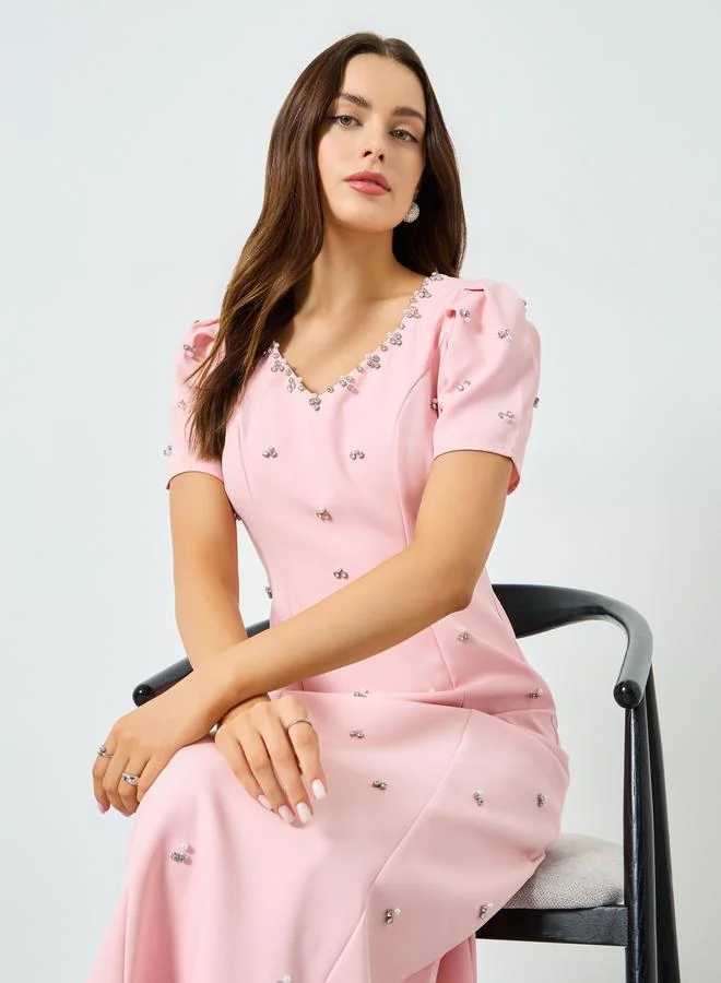 Take Two Pink Embellished Rhinestone Puff Sleeve Maxi Dress