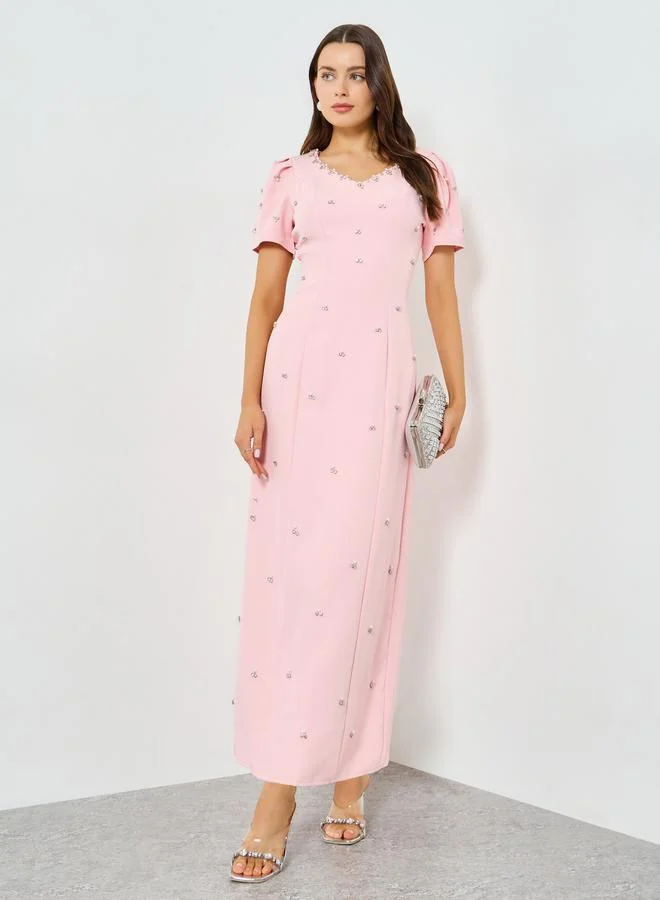 Take Two Pink Embellished Rhinestone Puff Sleeve Maxi Dress
