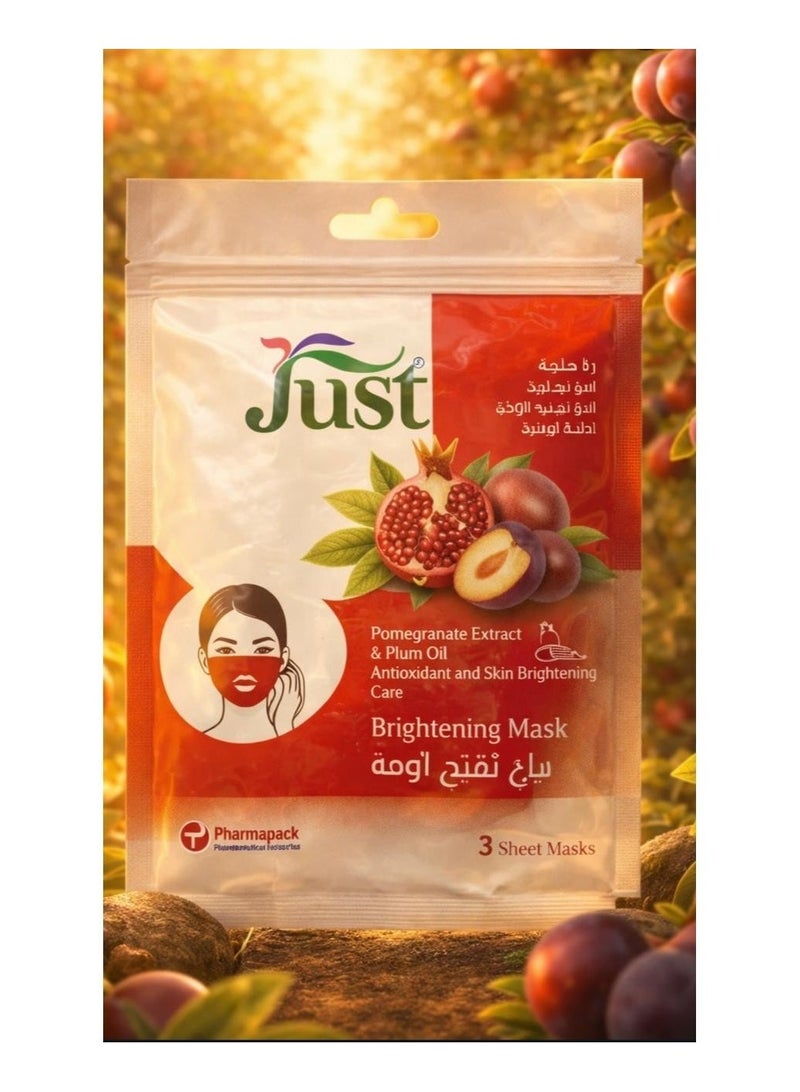 Just Facial brightening mask with pomegranate extract & plum oil - 3 masks per pack - Image 1