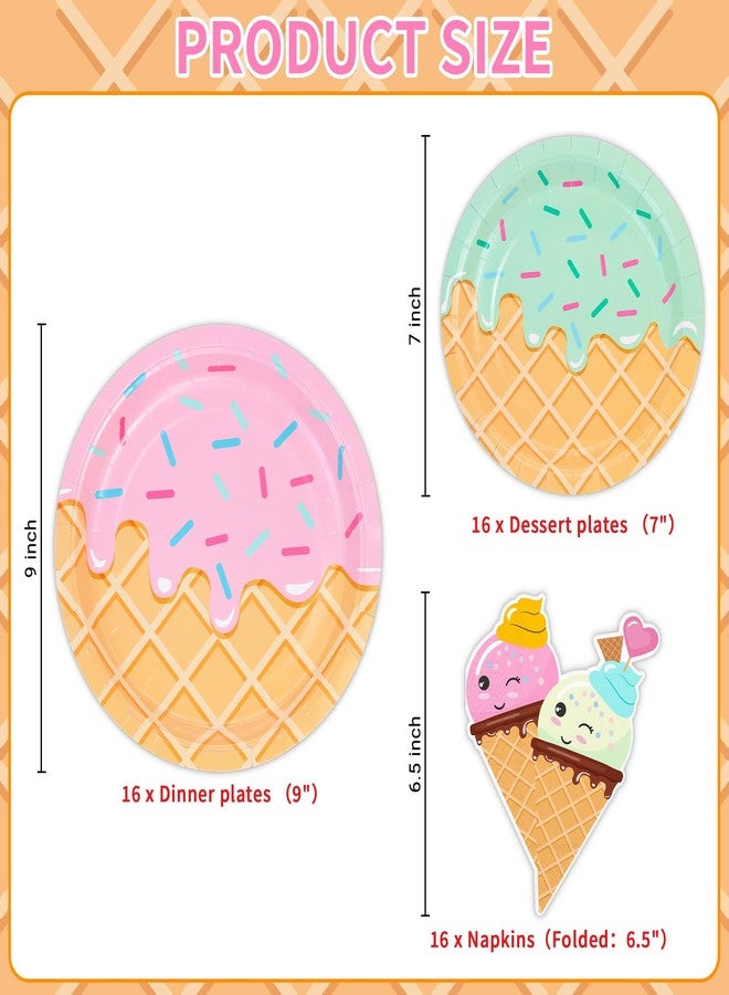 DYLIVeS 48 Pcs Ice Cream Birthday Party Plates and Napkins Kit, Ice Cream Theme Tableware Set Snow Cones Party Table Decorations Supplies, Disposable 9'' and 7'' Paper Plates, Napkins, Serves 16 - Image 2
