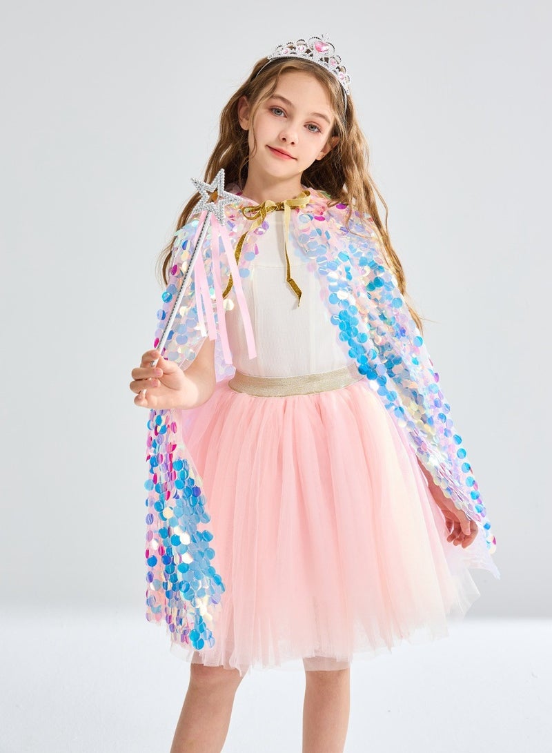 Sequin Cape Princess Costume Set for kids, with Tiara, Wand, Gloves, Jewelry & Bag – Perfect for Party & Performances, Christmas&Halloween Costume play ,Teens Toddler Children - Image 4