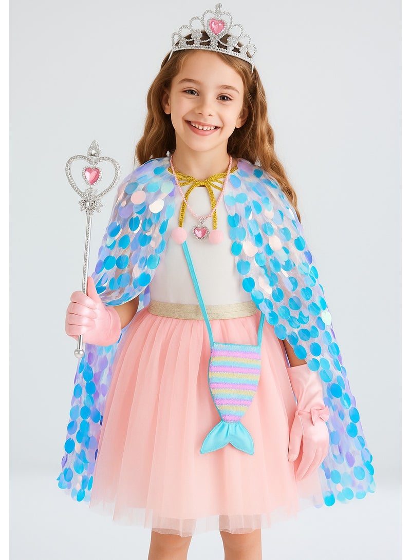 Sequin Cape Princess Costume Set for kids, with Tiara, Wand, Gloves, Jewelry & Bag – Perfect for Party & Performances, Christmas&Halloween Costume play ,Teens Toddler Children - Image 3