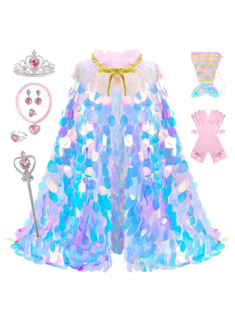 Sequin Cape Princess Costume Set for kids, with Tiara, Wand, Gloves, Jewelry & Bag – Perfect for Party & Performances, Christmas&Halloween Costume play ,Teens Toddler Children - Image 2