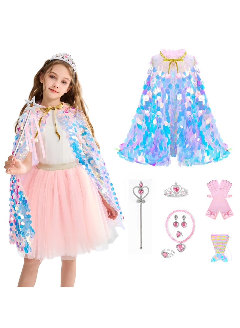 Sequin Cape Princess Costume Set for kids, with Tiara, Wand, Gloves, Jewelry & Bag – Perfect for Party & Performances, Christmas&Halloween Costume play ,Teens Toddler Children - Image 1