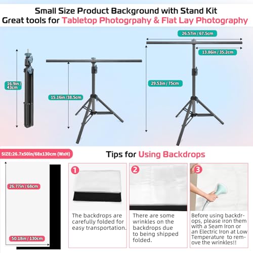 JEBUTU Product Photography Photo Backdrops Stand Kit, Photo Background, 26.8x50in White Black Backdrop Background with 26x29in Small T-Shape Backdrop Stand Tabletop Photo Shoot for Jewelry Cosmetics - Image 4