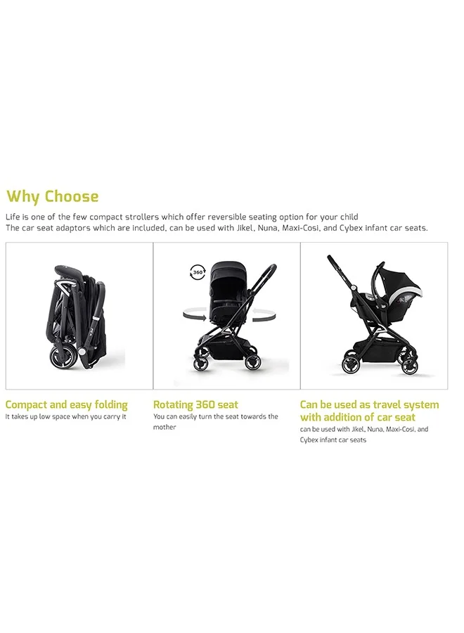 Jikel Life Stroller Rotating 360 Seat Reversible, Compact, Large Shopping Basket, Adjustable Footrest
