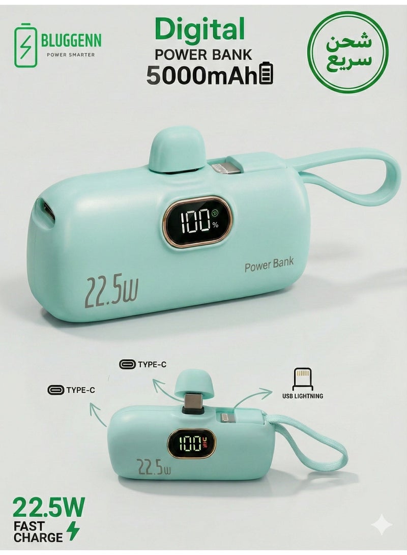 BLUGGENN The NANO Bluggenn 5000mAh power bank is a smart portable charger with a sleek and compact modern design. It comes with three fast‑charging outputs: a main top Type‑C port, a side Type‑C power delivery port, and a built‑in foldable Lightning cable designed as a stylish hand strap for iPhone. This setup allows you to charge up to three devices simultaneously without the need for extra cables. A digital display shows the battery percentage with precision, while the 5000mAh capacity provides enough power to recharge your device more than once when you’re on the go. It supports fast charging for a wide range of devices including iPhone 16/15, Samsung, Huawei, iPad, AirPods, Xiaomi, Vivo, Oppo, and more—making it the perfect solution for sharing power with family and friends easily, without any worries, and for any phone no matter the type. - Image 1