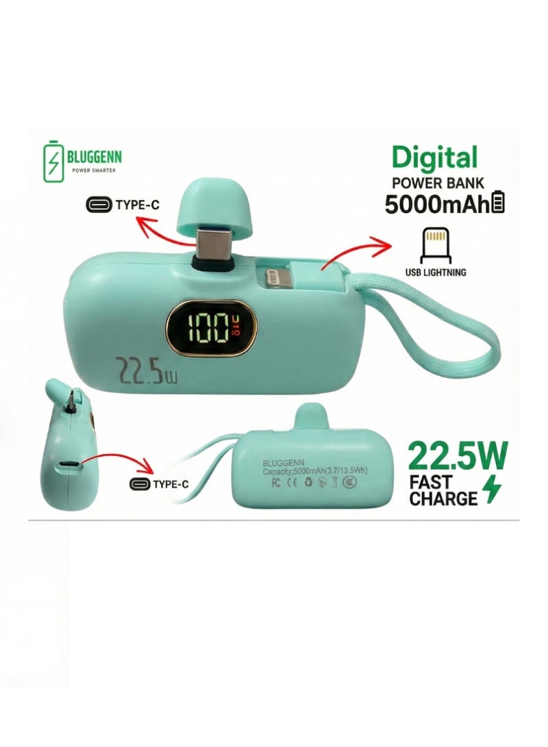 BLUGGENN The NANO Bluggenn 5000mAh power bank is a smart portable charger with a sleek and compact modern design. It comes with three fast‑charging outputs: a main top Type‑C port, a side Type‑C power delivery port, and a built‑in foldable Lightning cable designed as a stylish hand strap for iPhone. This setup allows you to charge up to three devices simultaneously without the need for extra cables. A digital display shows the battery percentage with precision, while the 5000mAh capacity provides enough power to recharge your device more than once when you’re on the go. It supports fast charging for a wide range of devices including iPhone 16/15, Samsung, Huawei, iPad, AirPods, Xiaomi, Vivo, Oppo, and more—making it the perfect solution for sharing power with family and friends easily, without any worries, and for any phone no matter the type. - Image 2
