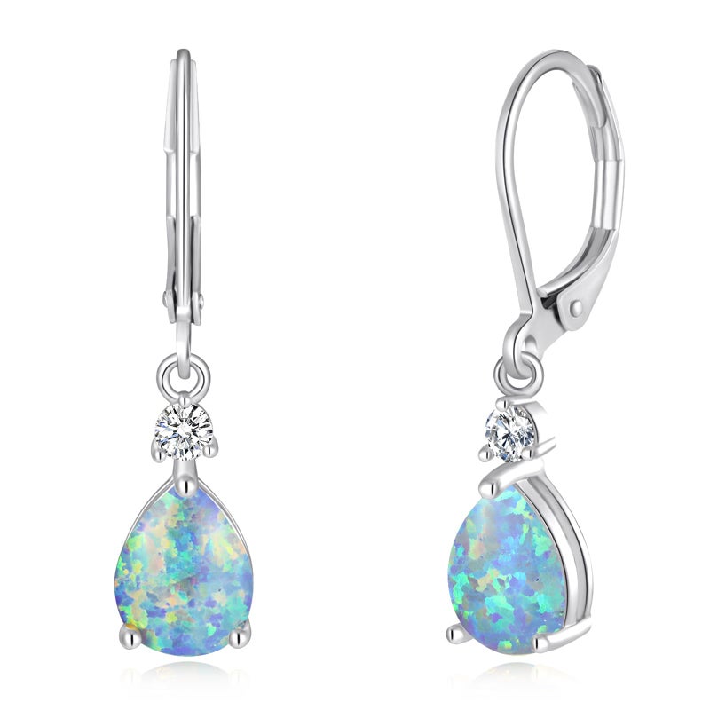 CiNily Womens Opal Dangle Earrings for Her Leverback Drop Earrings 14K White Gold Plated Blue Purple Opal Teardrop Earrings Cubic Zircon Gemstone Drop Earrings Jewelry Sensitive Ears - Image 1