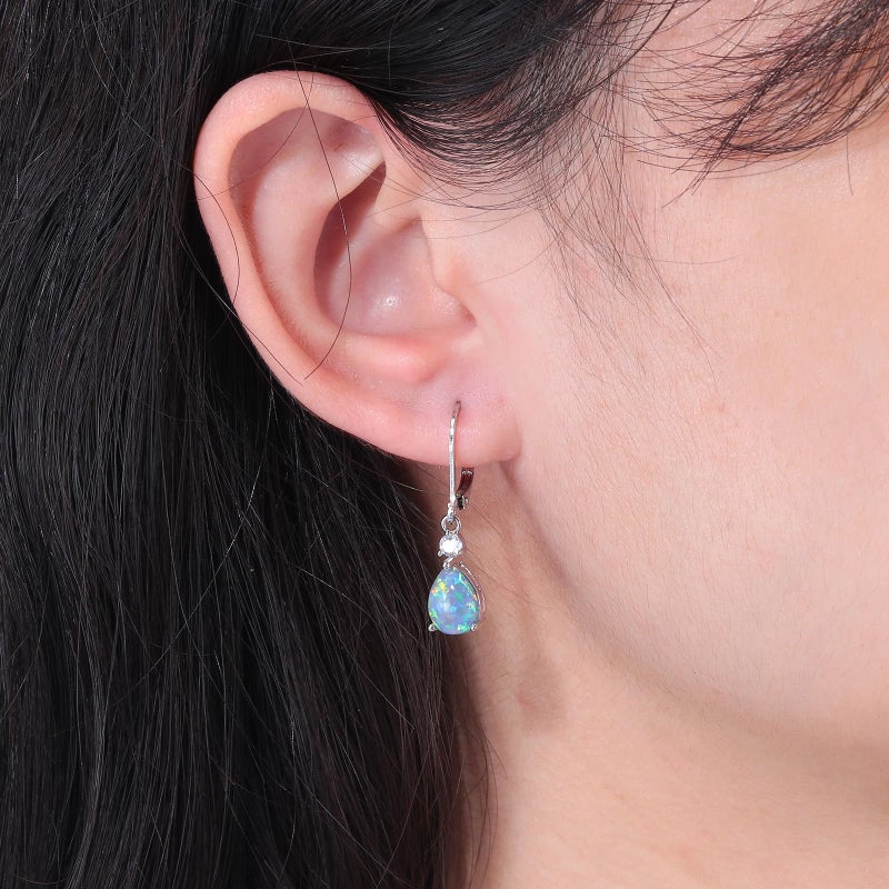 CiNily Womens Opal Dangle Earrings for Her Leverback Drop Earrings 14K White Gold Plated Blue Purple Opal Teardrop Earrings Cubic Zircon Gemstone Drop Earrings Jewelry Sensitive Ears - Image 2