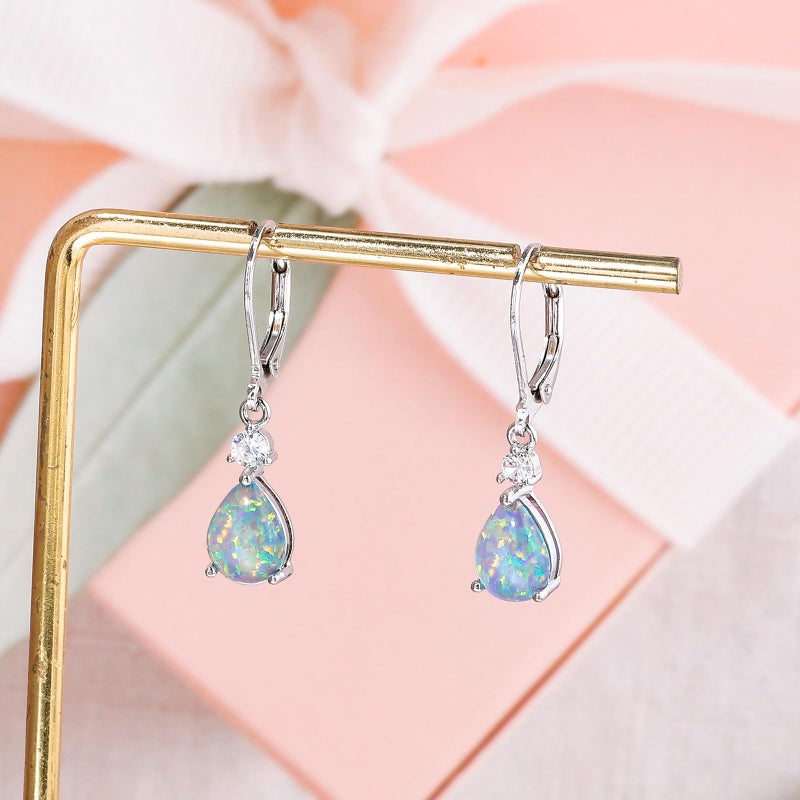 CiNily Womens Opal Dangle Earrings for Her Leverback Drop Earrings 14K White Gold Plated Blue Purple Opal Teardrop Earrings Cubic Zircon Gemstone Drop Earrings Jewelry Sensitive Ears - Image 4