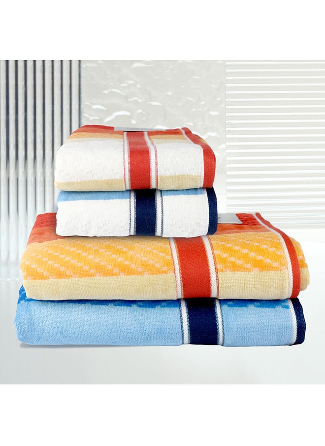 White Rose 4 Piece Bathroom Towel Set ZICZAC 500 GSM 100% Cotton Velour 2 Bath Towel 70X140 cm & 2 Hand Towel 50x90 cm Blue & Orange Color Modern Stripe Design Luxury Touch Extra Absorbent  - Image 1