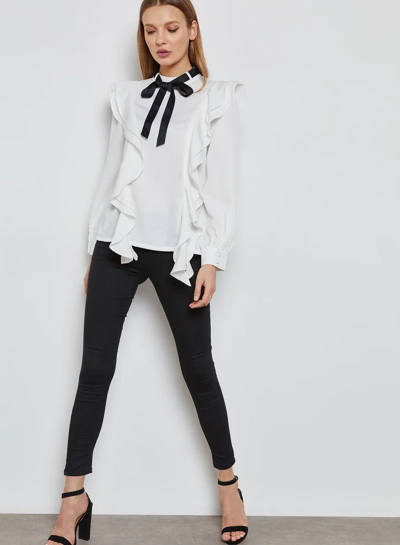ELLA Contrast Tie Neck Ruffle Paneled Top