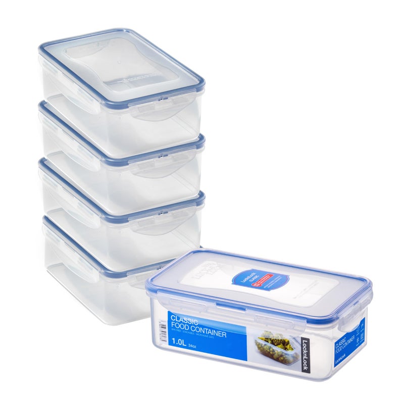 LocknLock Rectangular Food Containers with Lids Set of 5  Plastic Airtight  Watertight Food Storage Containers BPA Free  Dishwasher Safe 5 x 1L