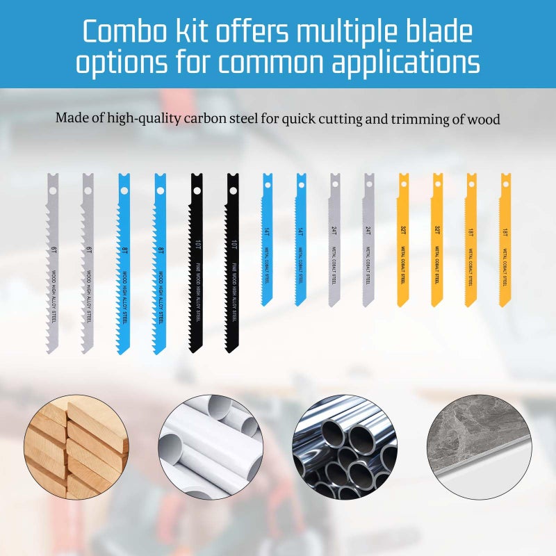 EupHHonycs 14PCS Universal Jig Saw Blade Set for Wood U-Shank Jig Saw Blade Set Assortment for Wood Plastic and Metal Cutting Jigsaw Blades Fit Vast Majority U Shank Jigsaws, 6T 8T 10T 14T 18T 24T 32T - Image 3