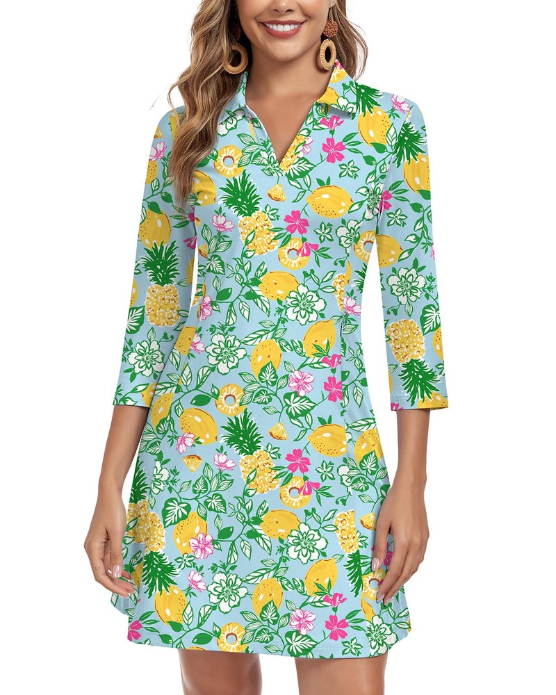 WOWENY 3/4 Sleeve Dress for Women with Pockets V Neck UPF 50+ Casual Sun Dress Breathable Quick Dry Beach Vacation (Lemon Summer, M) - Image 1