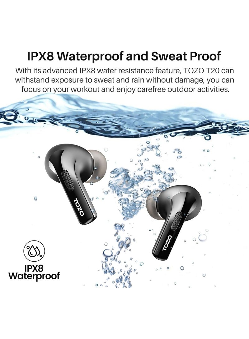 TOZO T20 Wireless Earbuds Bluetooth Headphones 48.5 Hrs Playtime with LED Digital Display, IPX8 Waterproof, Dual Mic Call Noise Cancelling 10mm Broad Range Speakers with Wireless Charging Case Black - Image 3