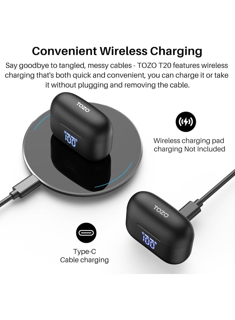 TOZO T20 Wireless Earbuds Bluetooth Headphones 48.5 Hrs Playtime with LED Digital Display, IPX8 Waterproof, Dual Mic Call Noise Cancelling 10mm Broad Range Speakers with Wireless Charging Case Black - Image 2