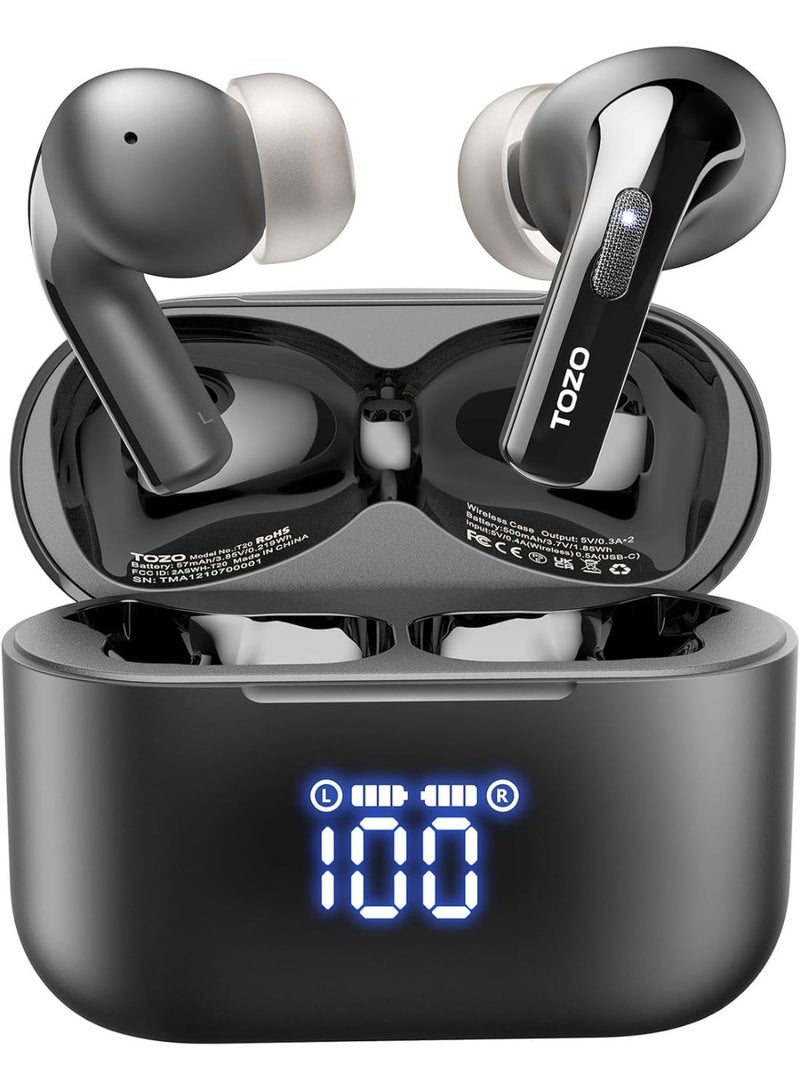 TOZO T20 Wireless Earbuds Bluetooth Headphones 48.5 Hrs Playtime with LED Digital Display, IPX8 Waterproof, Dual Mic Call Noise Cancelling 10mm Broad Range Speakers with Wireless Charging Case Black - Image 1