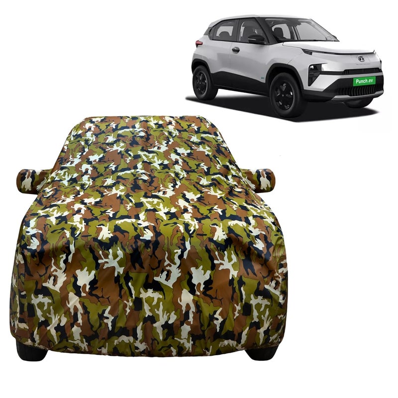 VYAS 100% Waterproof Car Body Cover for Tata Punch EV (2025) with Mirror Pocket Triple Stitched Belt & Buckle Fitting Dual Elastic, Durable Material Jungle Print Camouflage Design - Image 1