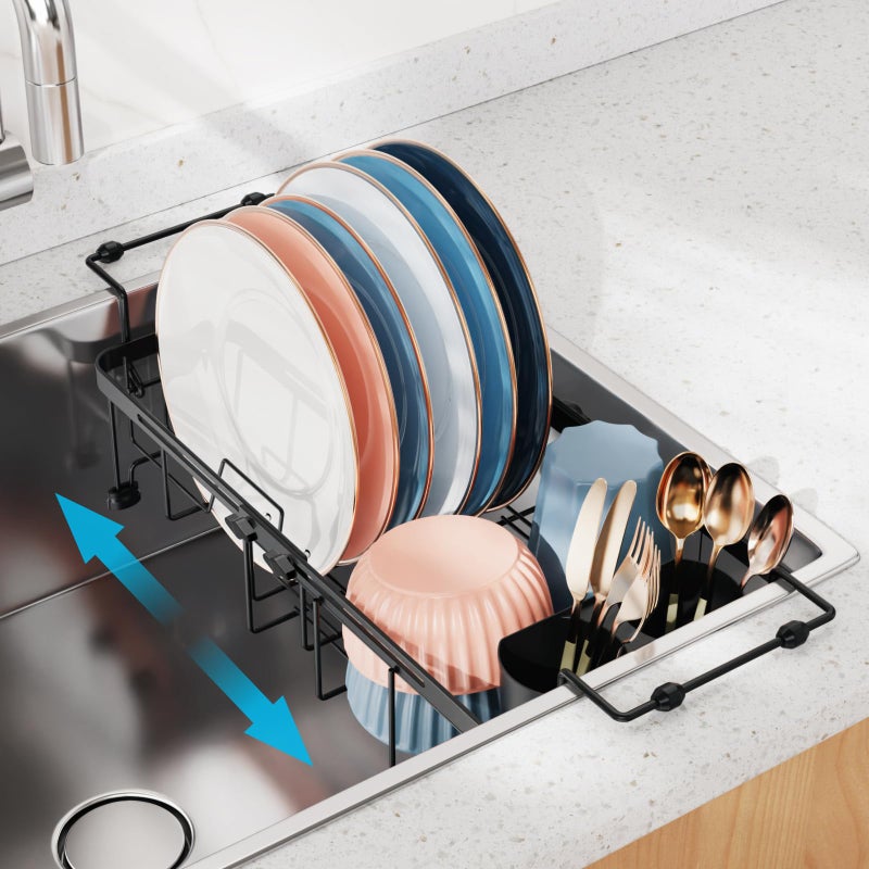 iSPECLE Small Sink Dish Drying Rack, 9" W Expandable Compact Rust Resistant Dish Drainer for RV Apartment Kitchen, Dish Rack with Lock Knob, Arms with Non Slip Rubber, Black - Image 1