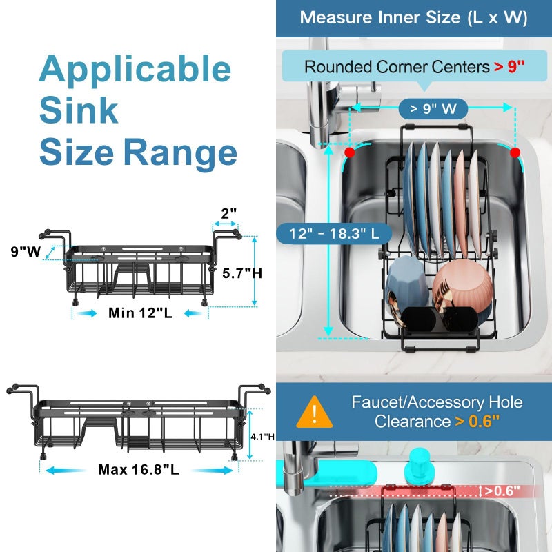 iSPECLE Small Sink Dish Drying Rack, 9" W Expandable Compact Rust Resistant Dish Drainer for RV Apartment Kitchen, Dish Rack with Lock Knob, Arms with Non Slip Rubber, Black - Image 2