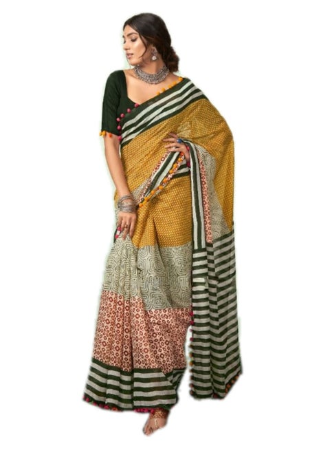Cotton MulMul Red Yellow Black Printed And Stripe Saree With Unstitched Blouse