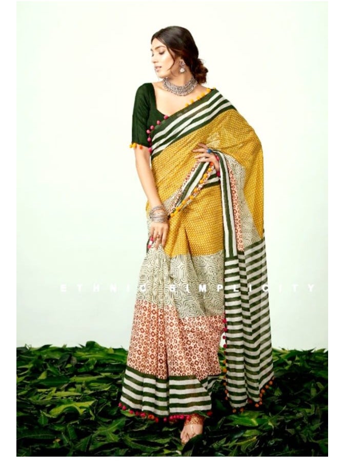 Cotton MulMul Red Yellow Black Printed And Stripe Saree With Unstitched Blouse
