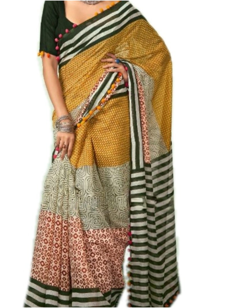 Cotton MulMul Red Yellow Black Printed And Stripe Saree With Unstitched Blouse
