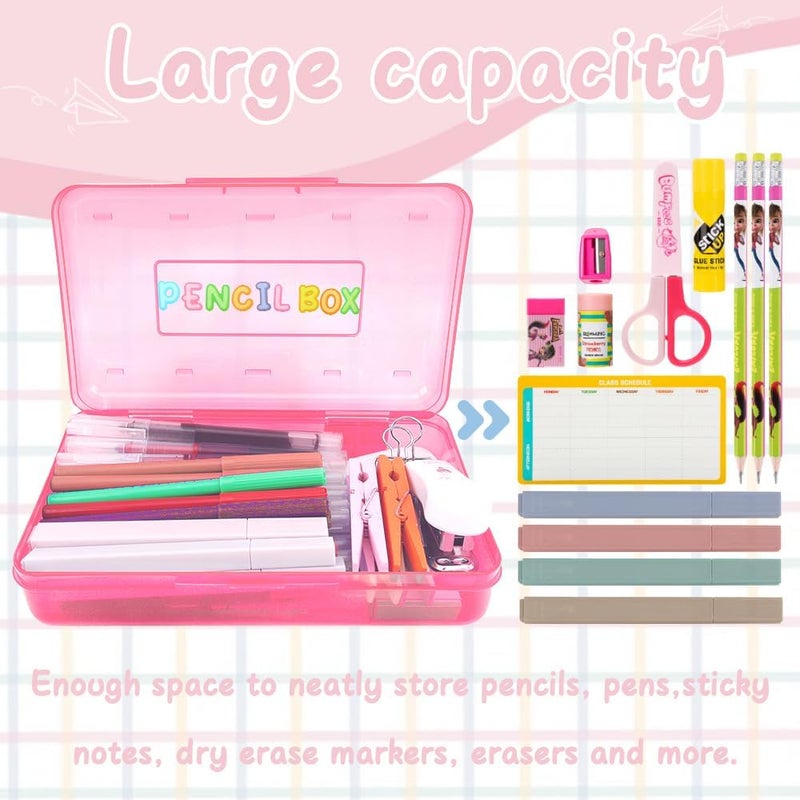 علبة أقلام بلاستيكية زرقاء كبيرة، حزمة تحتوي على 3 علب، بتصميم جميل ومادة صلبة، مزودة بملصقات بالألوان الوردية والشفافة. - Image 3