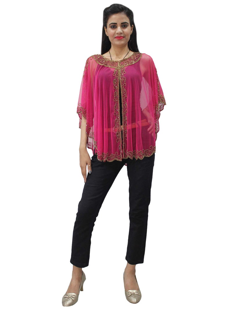 Matelco Women's Long Cape Poncho Embellished with Beads(Hot Pink) - Image 4