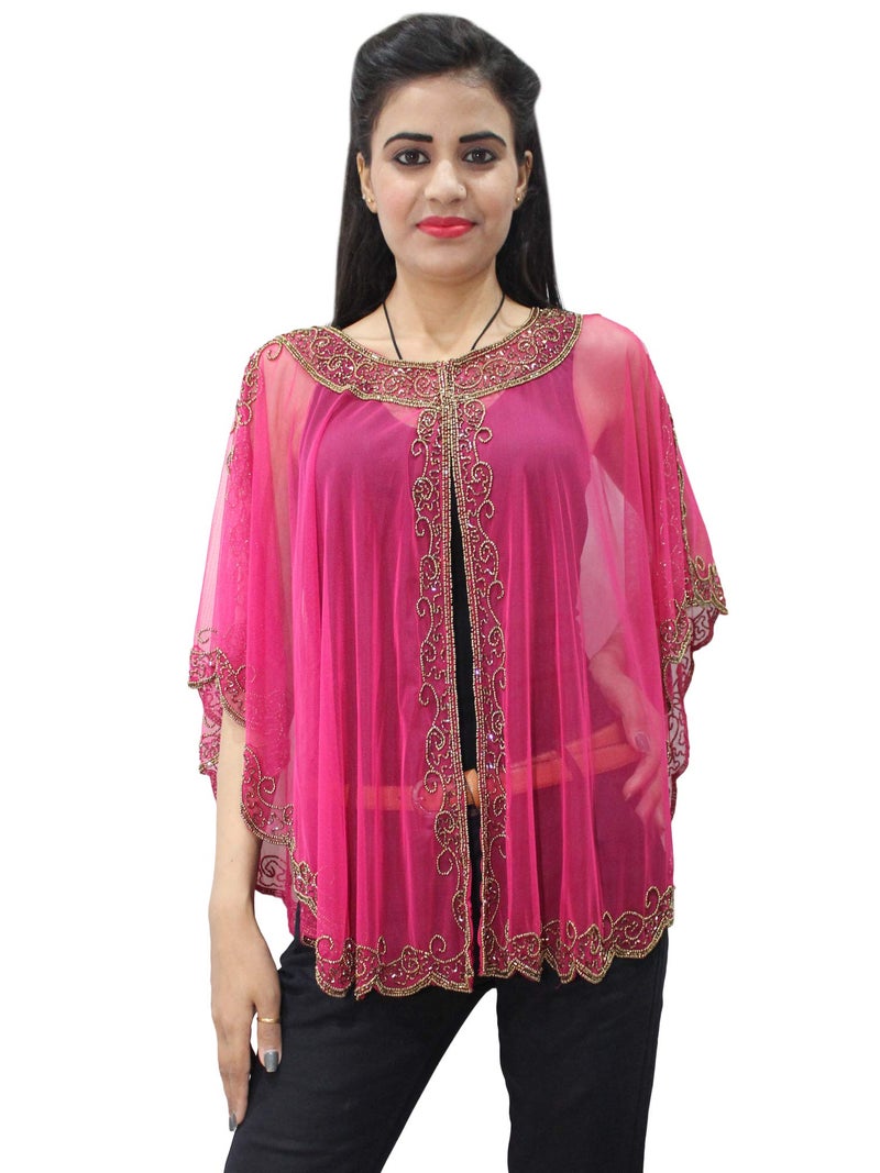 Matelco Women's Long Cape Poncho Embellished with Beads(Hot Pink) - Image 5