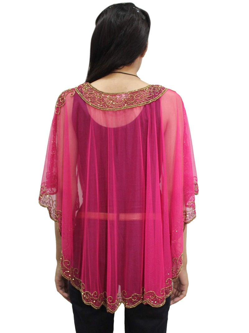 Matelco Women's Long Cape Poncho Embellished with Beads(Hot Pink) - Image 3