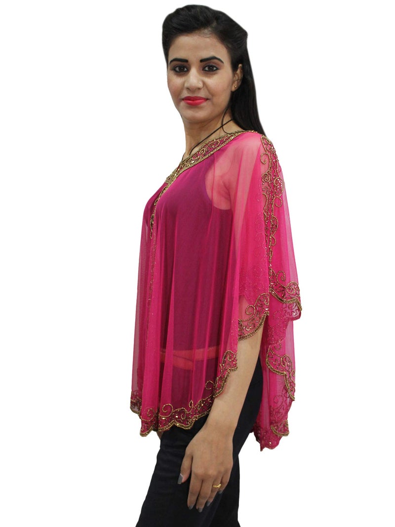 Matelco Women's Long Cape Poncho Embellished with Beads(Hot Pink) - Image 2