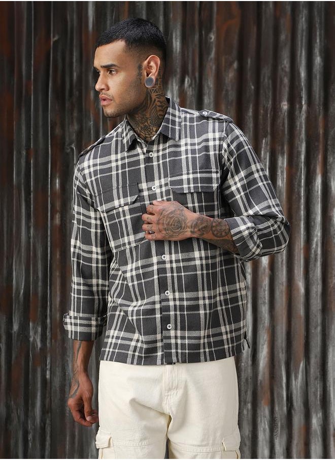 HIGH STAR - Men Releaxed Fit Tartan Checks Textured Checked Utility Casual Shirt - Image 1