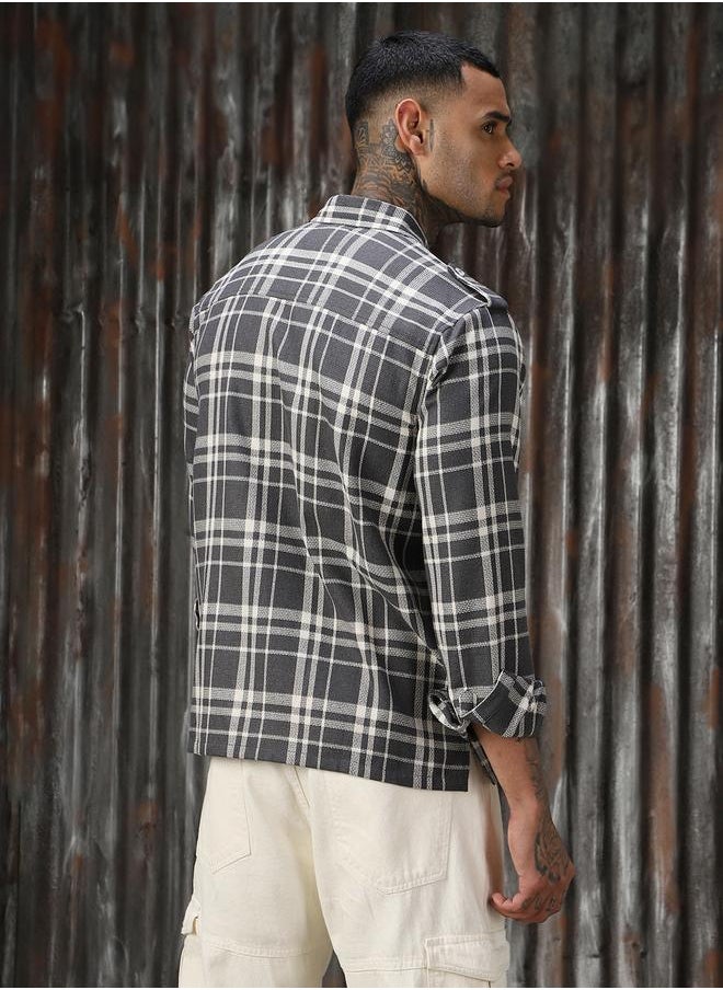 HIGH STAR Men Releaxed Fit Tartan Checks Textured Checked Utility Casual Shirt  - Image 5