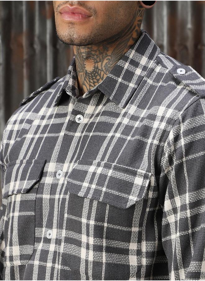 HIGH STAR - Men Releaxed Fit Tartan Checks Textured Checked Utility Casual Shirt - Image 1